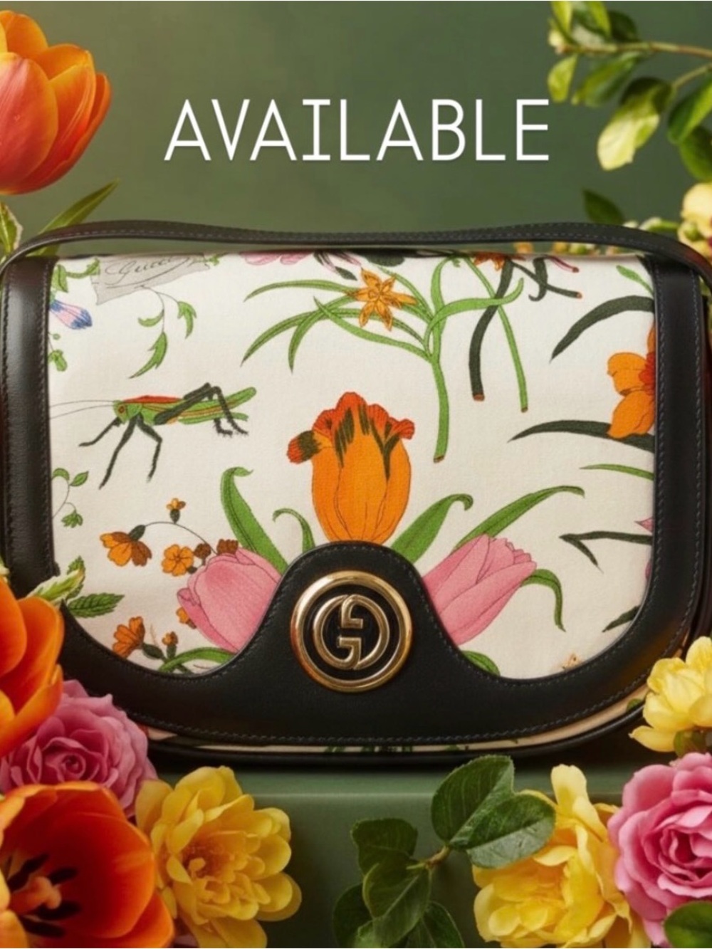 GUCCI CROSSBODY NAVY GOLD FLORA BLOOMS GRASSHOPPER BUTTERFLY - Picture 10 of 10